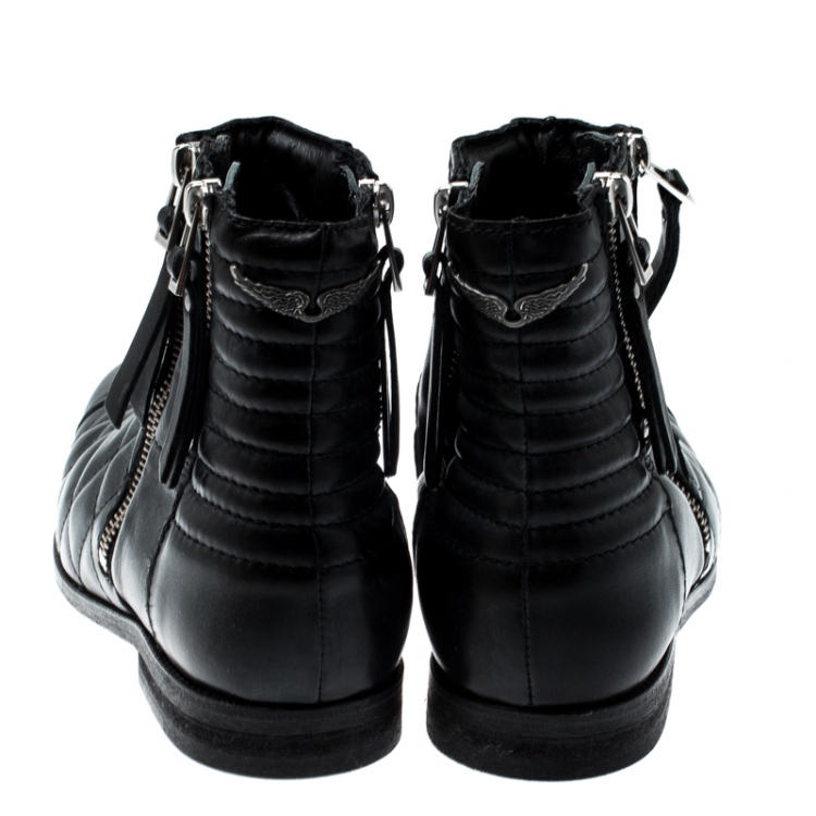 Pre Owned Zadig and Voltaire Black Quilted Leather Presets Biker Ankle Boots Size 39
