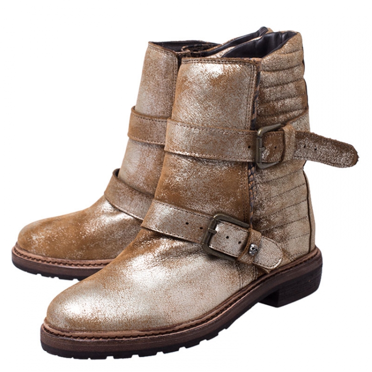 Pre Owned Zadig and Voltaire Gold/Bronze Metallic Faded Effect Leather and Python Embossed Buckle Ankle Boots Size 38