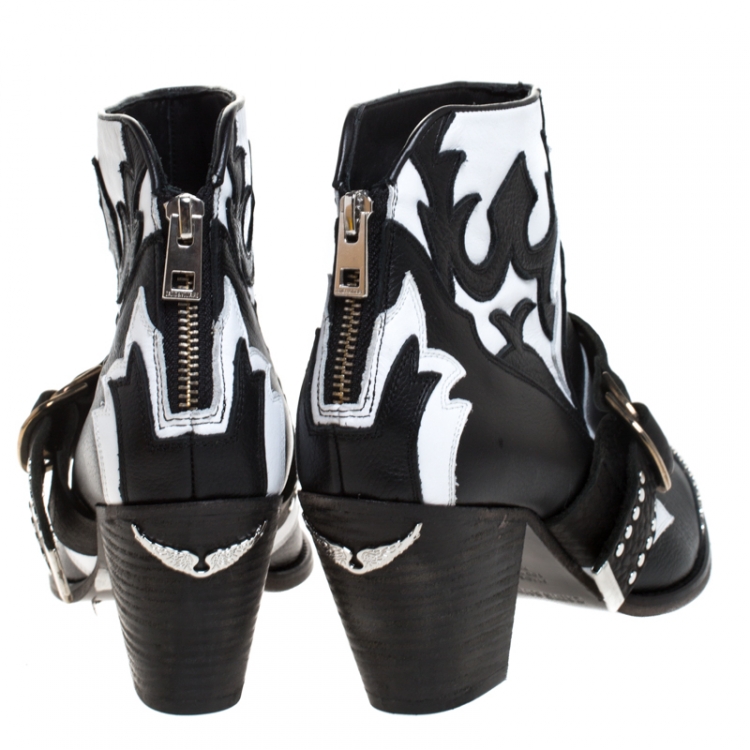 Pre Owned Zadig and Voltaire Black/White Leather Cara Ankle Boots Size 40