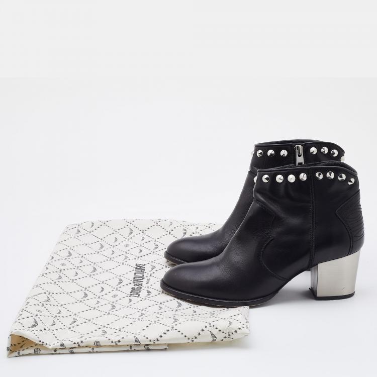 Pre Owned Zadig & Voltaire Black Leather Studded Molly Ankle Boots Size 38