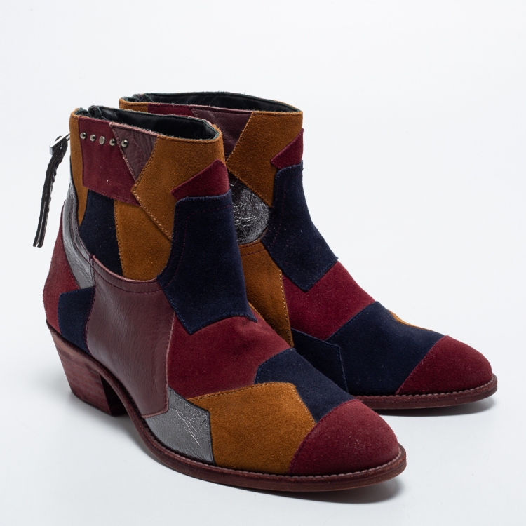 Pre Owned Zadig & Voltaire Multicolor Suede and Leather Ankle Boots Size 38