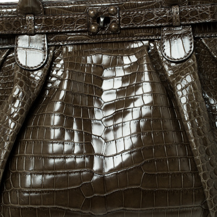 Pre Owned Zagliani Olive Green Crocodile Leather Puffy Hobo
