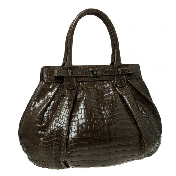 Pre Owned Zagliani Olive Green Crocodile Leather Puffy Hobo