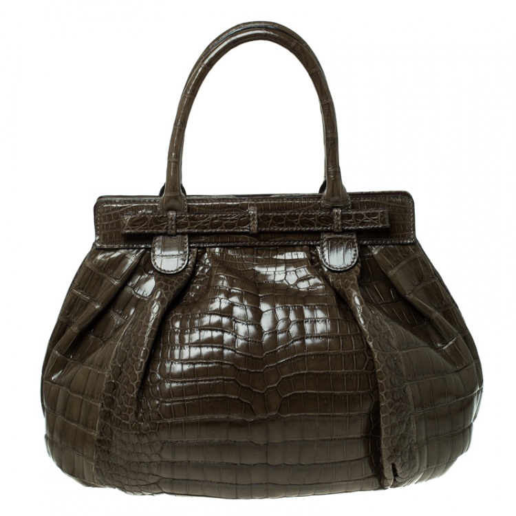 Pre Owned Zagliani Olive Green Crocodile Leather Puffy Hobo