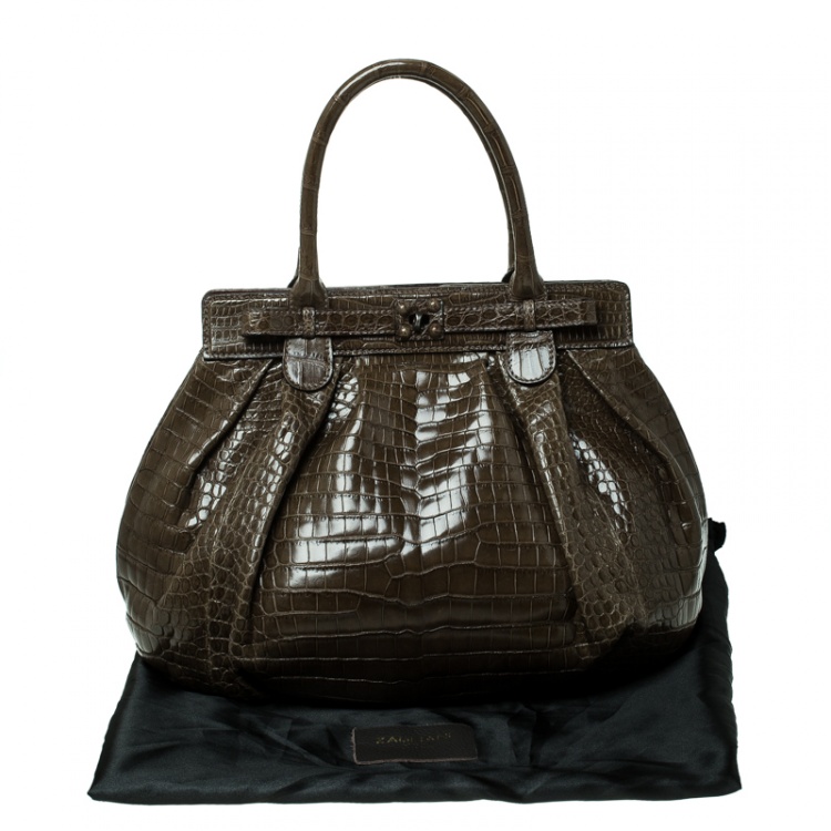 Pre Owned Zagliani Olive Green Crocodile Leather Puffy Hobo