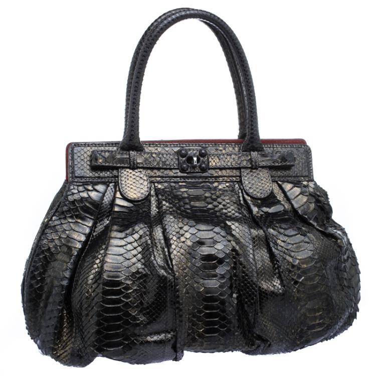 Pre Owned Zagliani Metallic Black/Gold Python Puffy Hobo