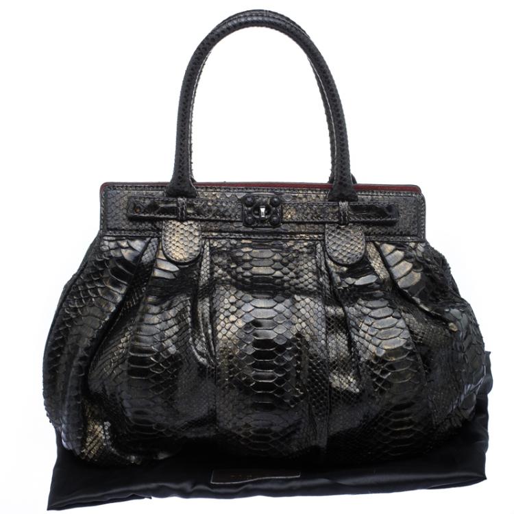 Pre Owned Zagliani Metallic Black/Gold Python Puffy Hobo