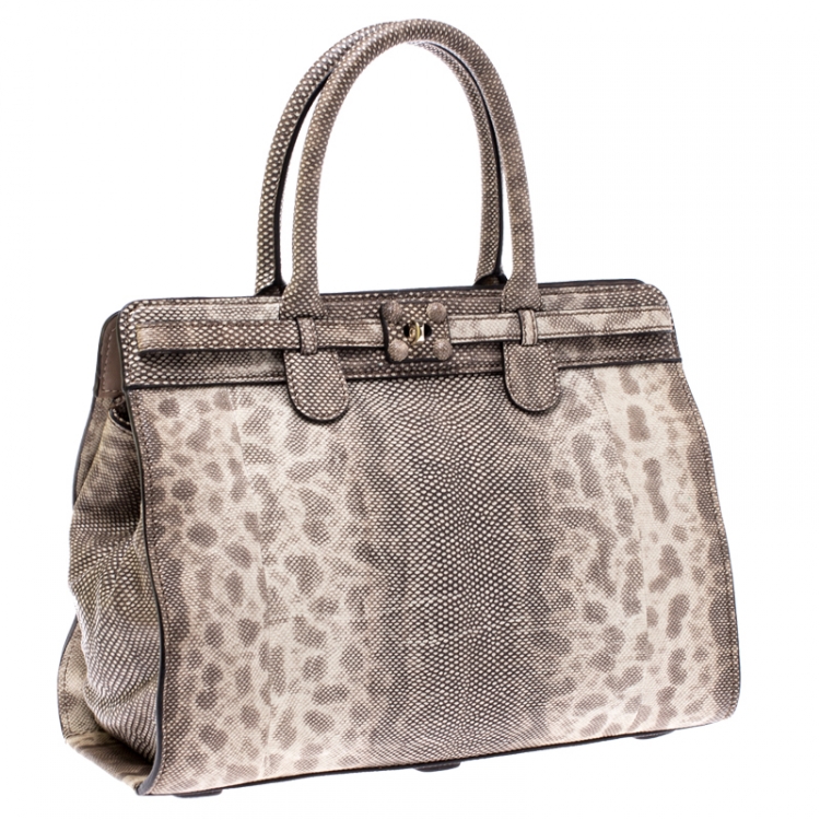 Pre Owned Zagliani Beige/Black Lizard Gatsby Tote