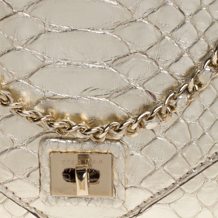 Pre Owned Zagliani Gold Python Envelope Flap Chain Shoulder Bag
