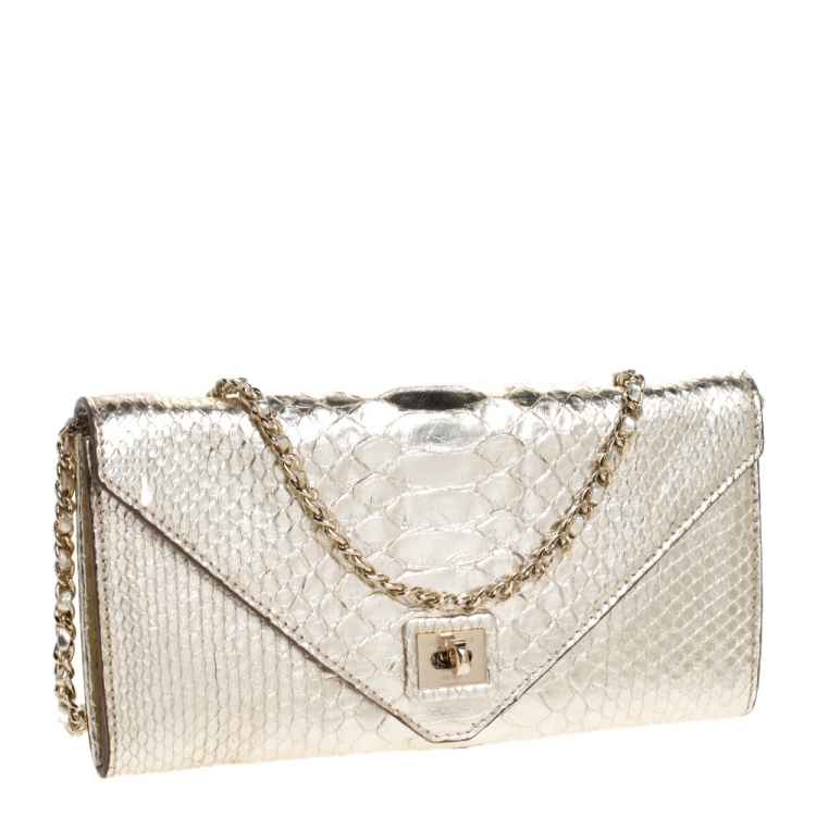 Pre Owned Zagliani Gold Python Envelope Flap Chain Shoulder Bag