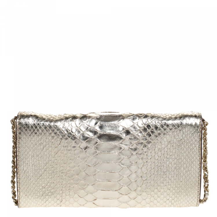 Pre Owned Zagliani Gold Python Envelope Flap Chain Shoulder Bag
