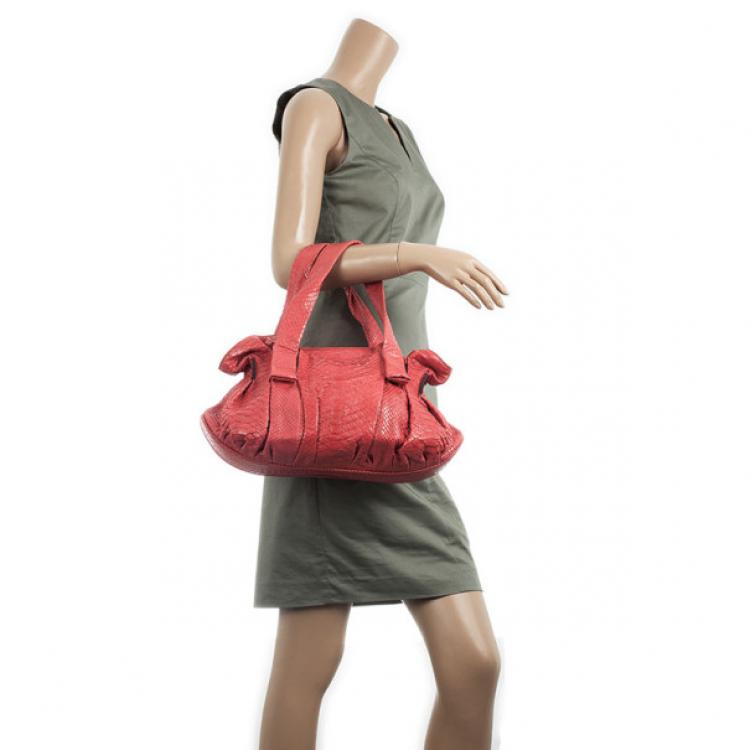 Pre Owned Zagliani Coral Pink Python Pleated Bag