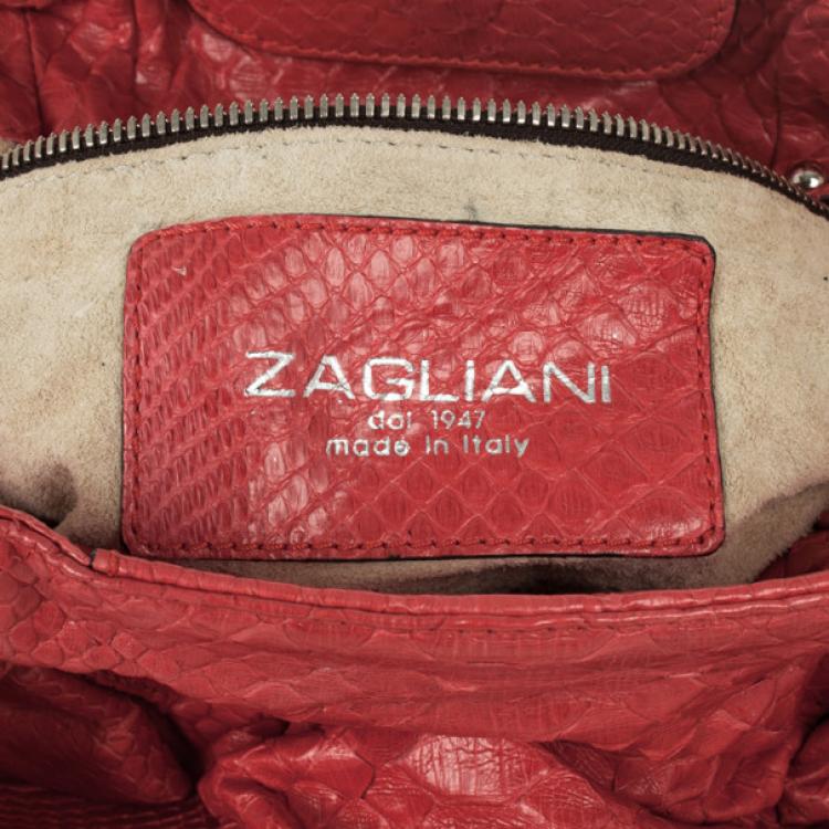 Pre Owned Zagliani Coral Pink Python Pleated Bag