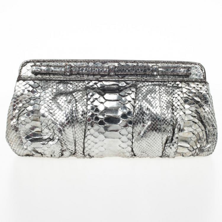 Pre Owned Zagliani Silver Python Clutch