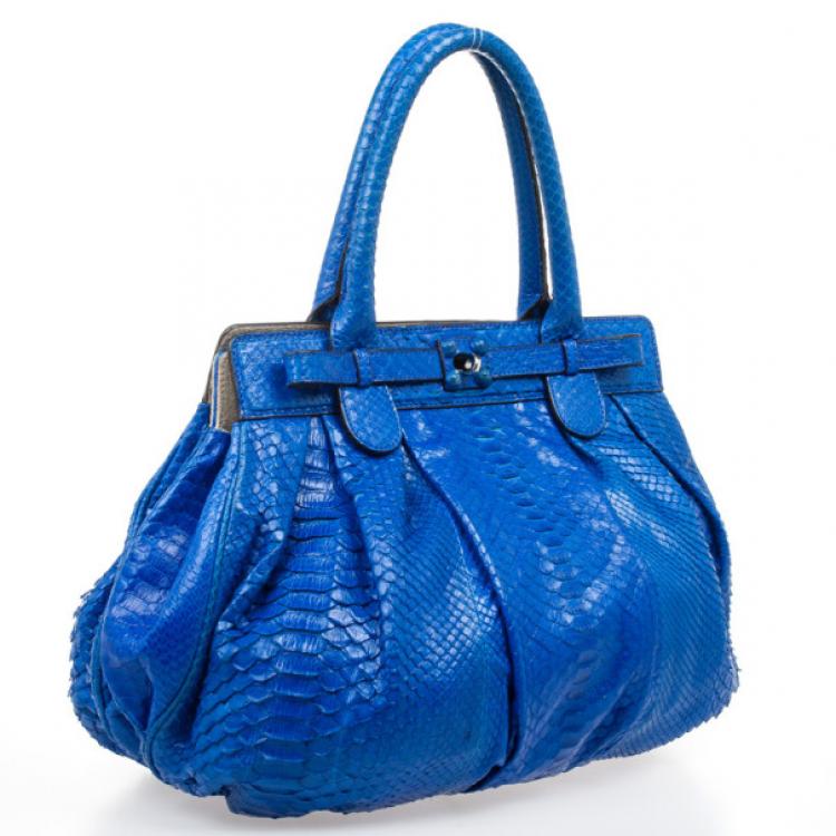 Pre Owned Zagliani Metallic Python Large Blue Puffy Handbag
