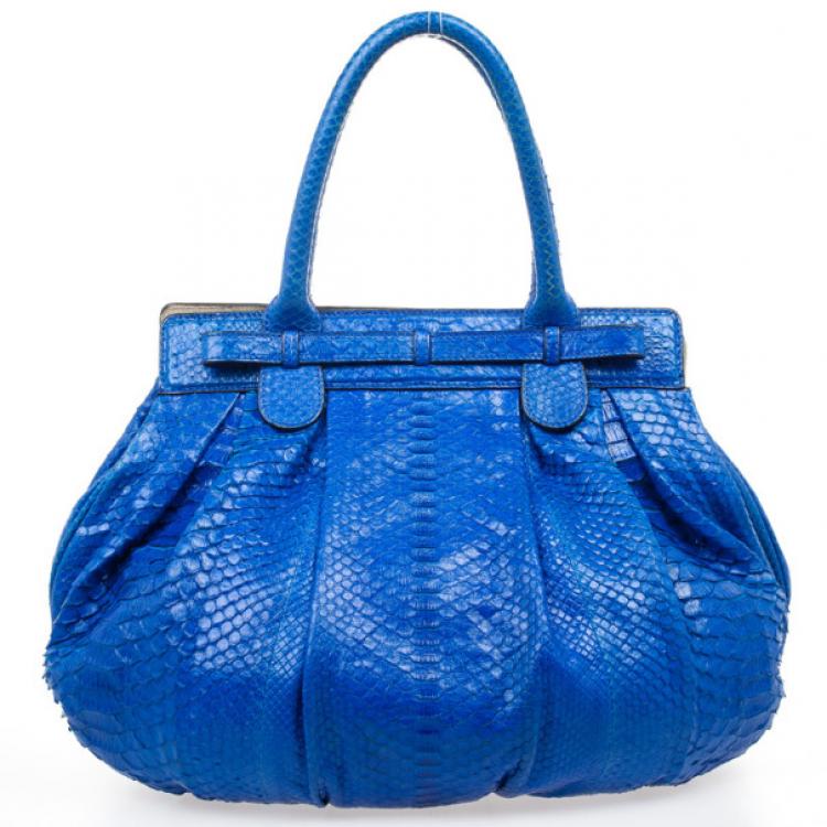 Pre Owned Zagliani Metallic Python Large Blue Puffy Handbag
