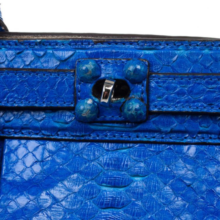 Pre Owned Zagliani Metallic Python Large Blue Puffy Handbag