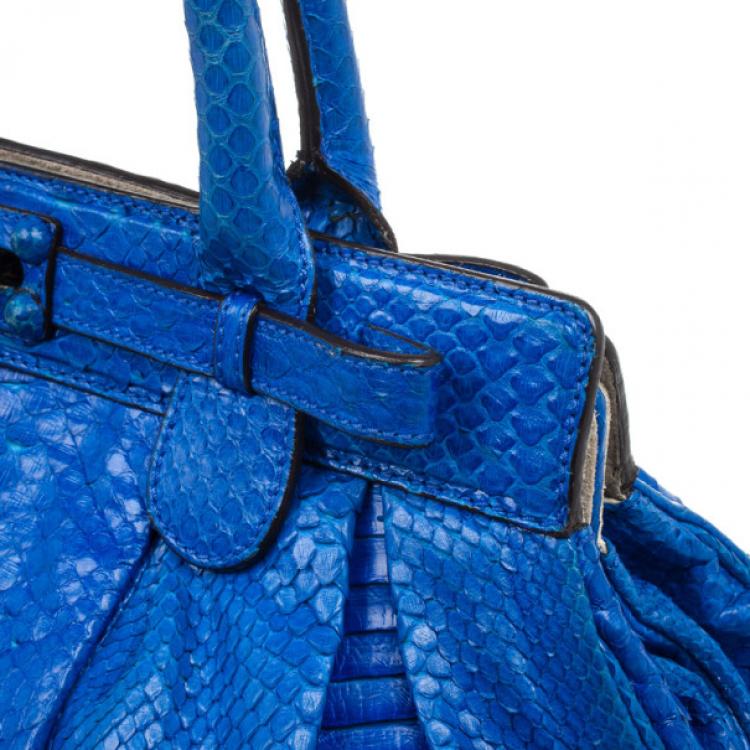 Pre Owned Zagliani Metallic Python Large Blue Puffy Handbag