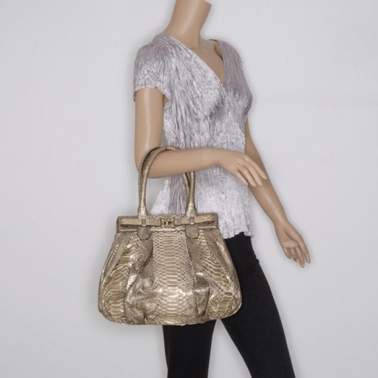 Pre Owned Zagliani Beige Metallic Python Medium Puffy Bag