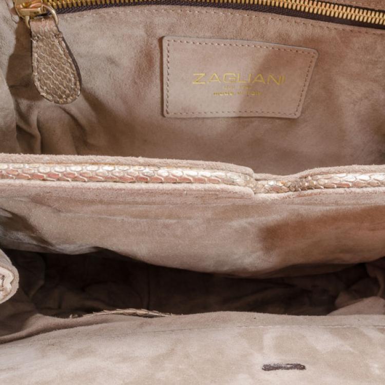 Pre Owned Zagliani Beige Metallic Python Medium Puffy Bag