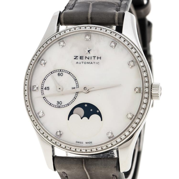 Pre Owned Zenith White Mother of Pearl Stainless Steel Elite Ultra Thin Women's Wristwatch 33 mm