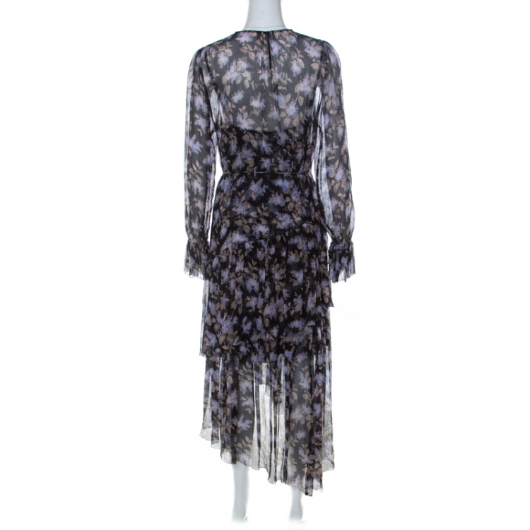 Pre Owned Zimmermann Black Lavender Print Chiffon Asymmetric Ruffle Detail Dress L