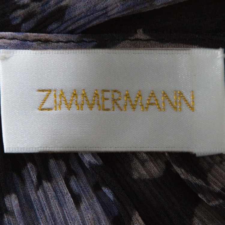 Pre Owned Zimmermann Black Lavender Print Chiffon Asymmetric Ruffle Detail Dress L