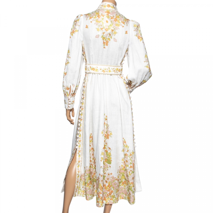 Pre Owned Zimmermann White Floral Print Cotton Eight Tubular Belted Button Detailed Maxi Dress XS
