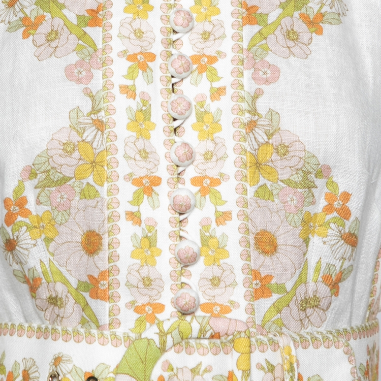 Pre Owned Zimmermann White Floral Print Cotton Eight Tubular Belted Button Detailed Maxi Dress XS