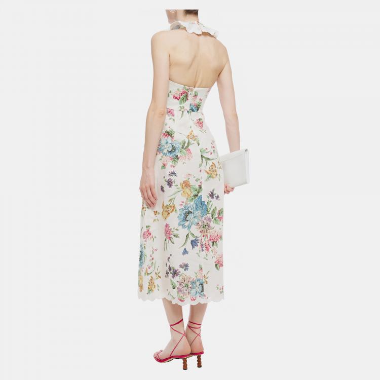 Pre Owned Zimmermann White Floral Linen Midi Dress S