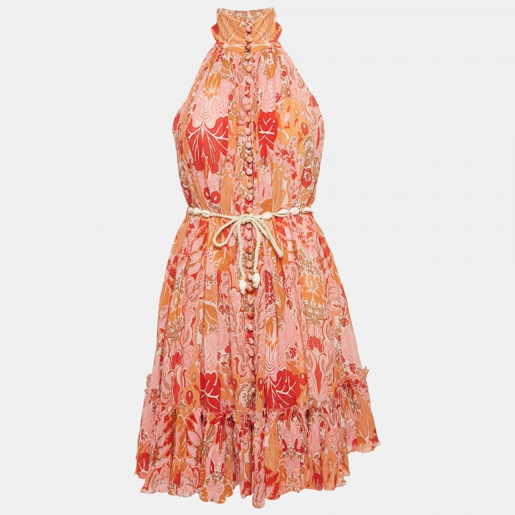 Pre Owned Zimmermann Pink/Coral Floral Printed Georgette Violet Short Halter Dress S   