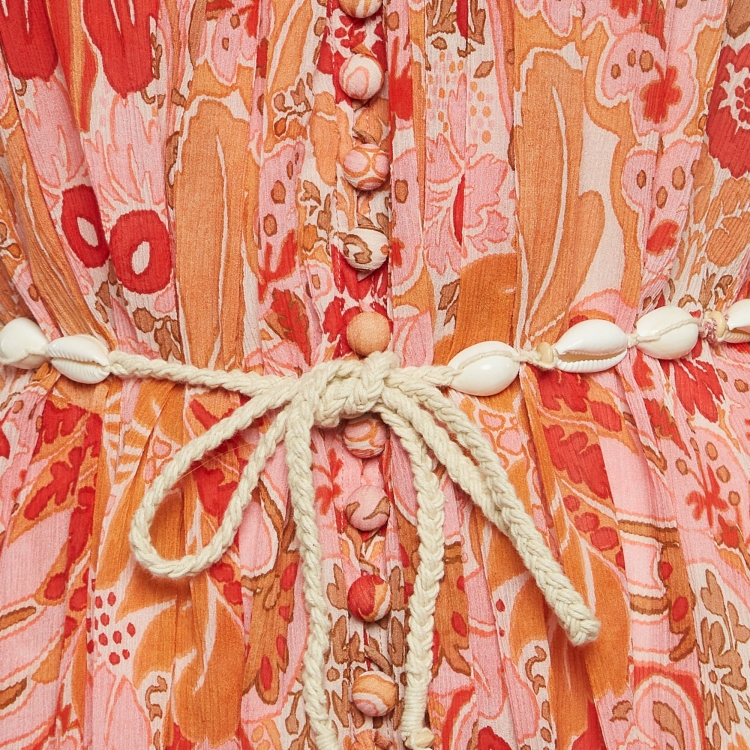 Pre Owned Zimmermann Pink/Coral Floral Printed Georgette Violet Short Halter Dress S   