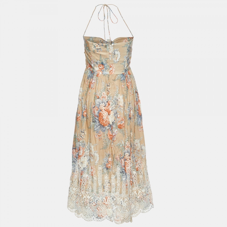 Pre Owned Zimmermann Brown Anais Antique Floral Cotton Tie Midi Dress M
