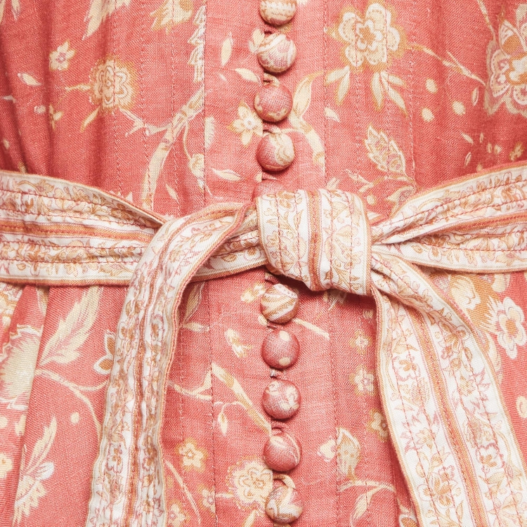 Pre Owned Zimmermann Coral Pink Floral Print Linen Belted Mini Dress M