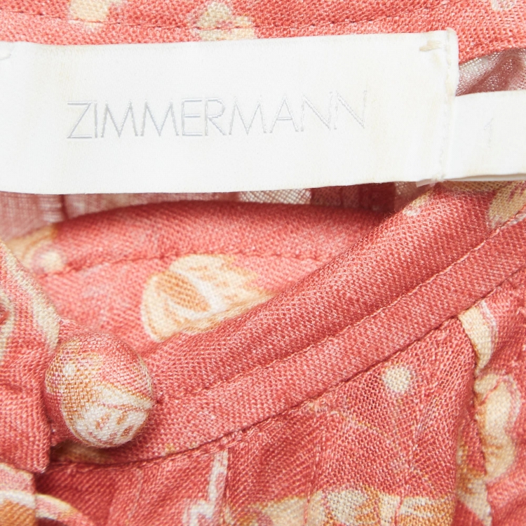 Pre Owned Zimmermann Coral Pink Floral Print Linen Belted Mini Dress M