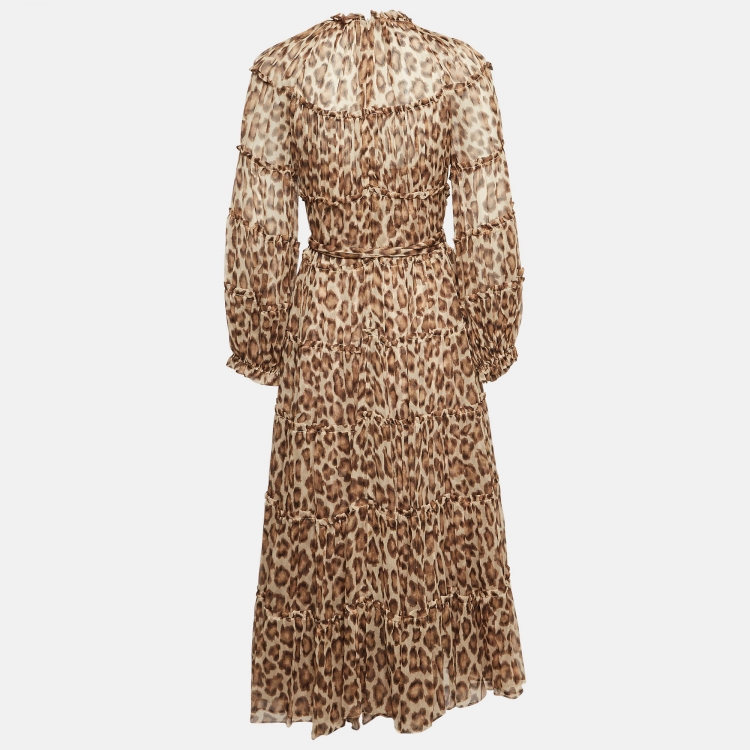 Pre Owned Zimmermann Brown Animal Print Silk Tiered Midi Dress M
