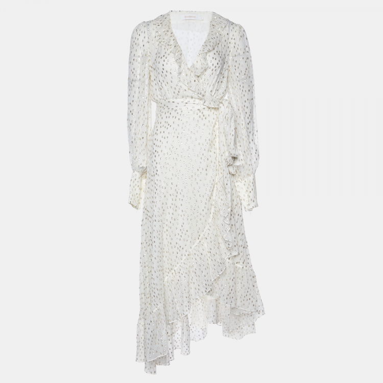 Pre Owned Zimmermann Off-White Silk-Lurex Blend Ruffled Wrap Midi Dress XS