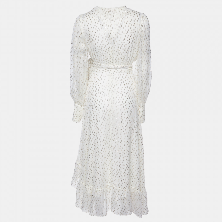 Pre Owned Zimmermann Off-White Silk-Lurex Blend Ruffled Wrap Midi Dress XS