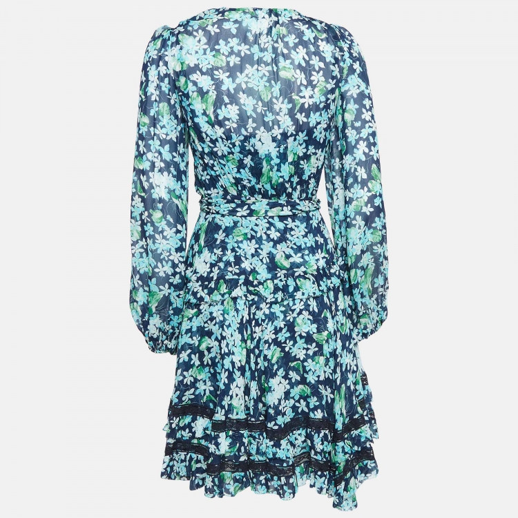 Zimmermann Blue Floral Print Chiffon Moncur Wrap Mini Dress