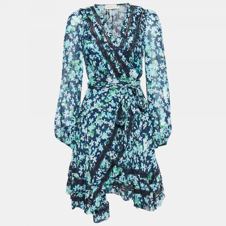 Zimmermann Blue Floral Print Chiffon Moncur Wrap Mini Dress S Zimmermann |  TLC