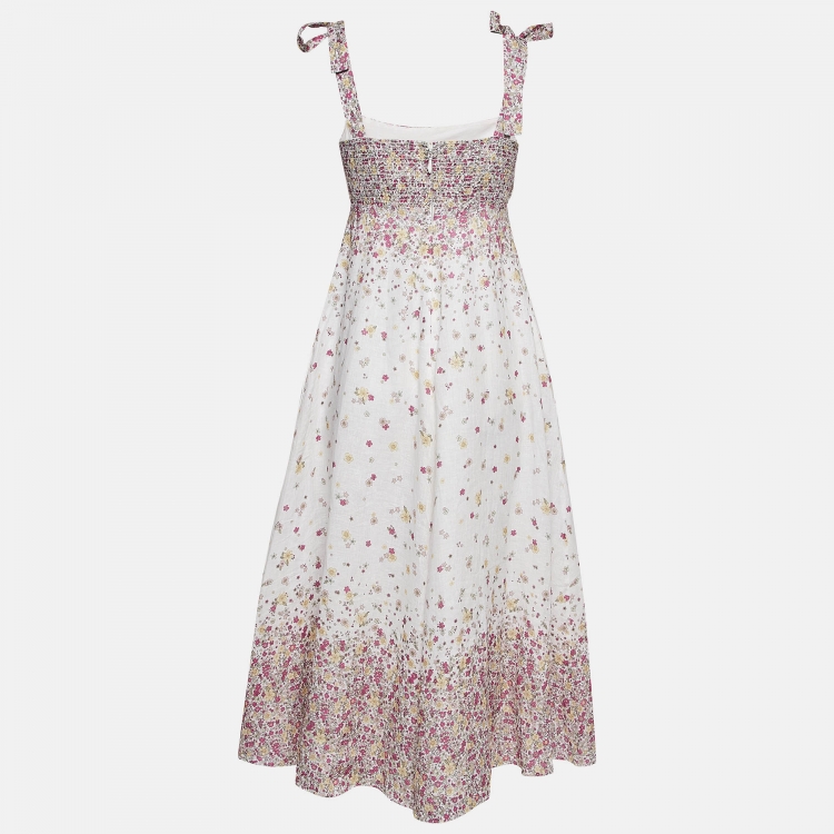 مملوكة مسبقًا Zimmermann White Floral Print Linen Tie-Strap Carnaby Dress S