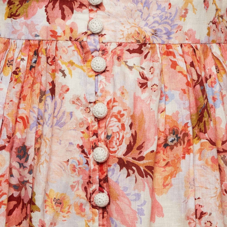 Pre Owned Zimmermann Off-White Floral Print Linen Mini Dress S