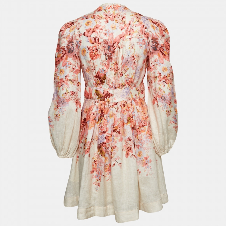 Pre Owned Zimmermann Off-White Floral Print Linen Mini Dress S