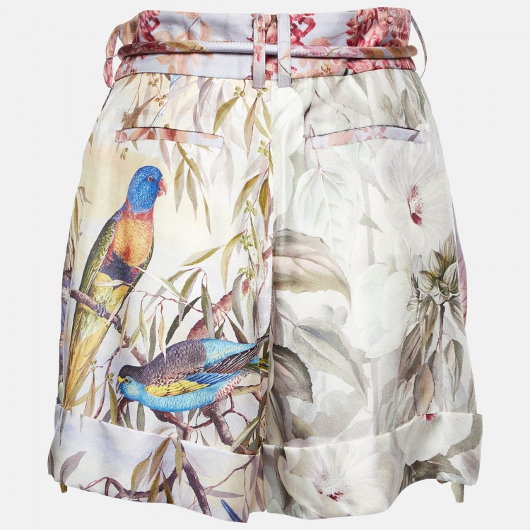 Pre Owned Zimmermann Purple Botanica Book Print Silk Belted Shorts M