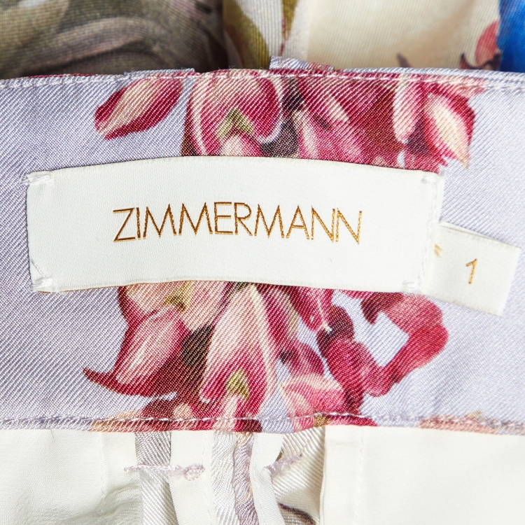 Pre Owned Zimmermann Purple Botanica Book Print Silk Belted Shorts M