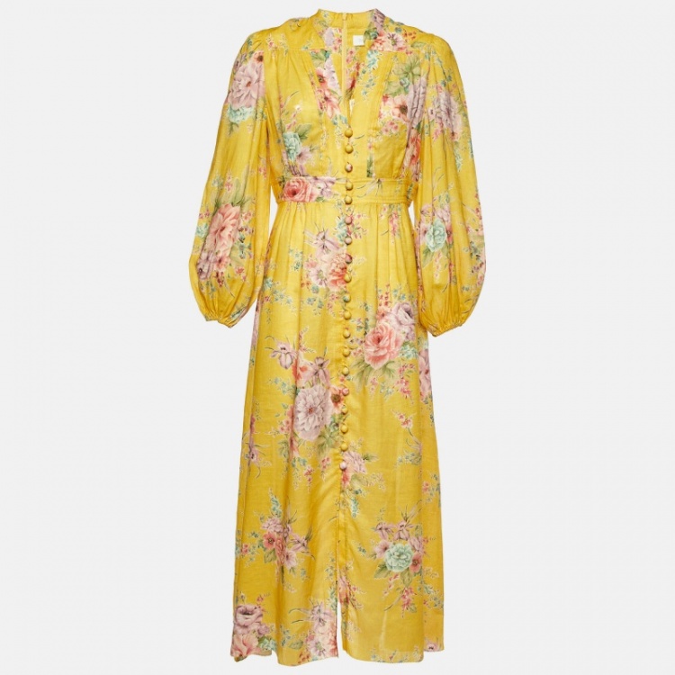 Pre Owned Zimmermann Yellow Floral Print Long Dress L