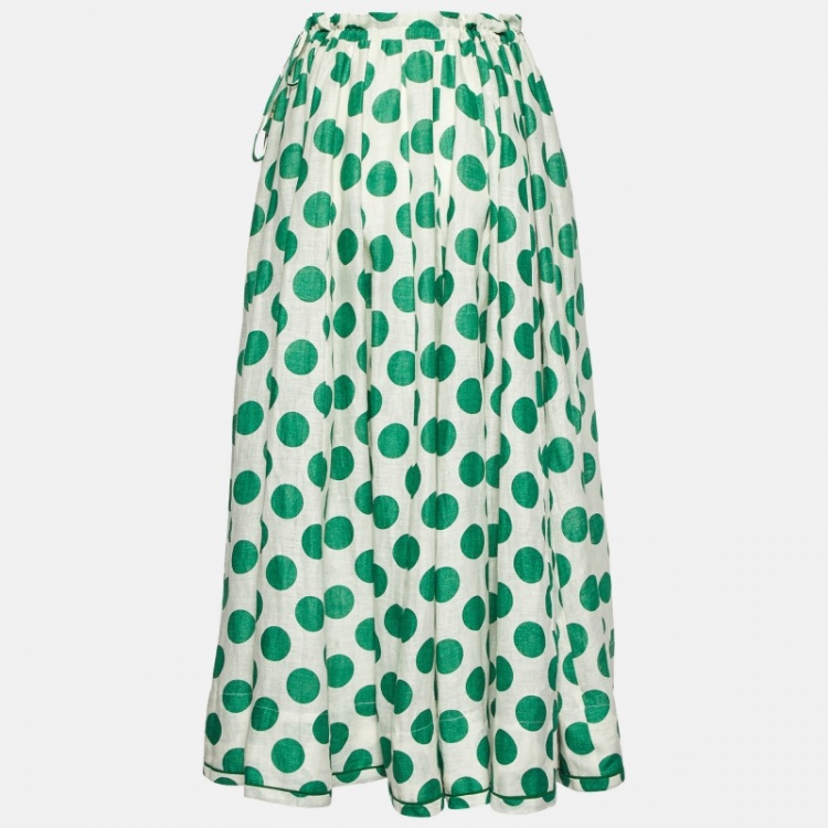 Pre Owned Zimmermann Green Polka Dot Print Linen Midi Skirt S