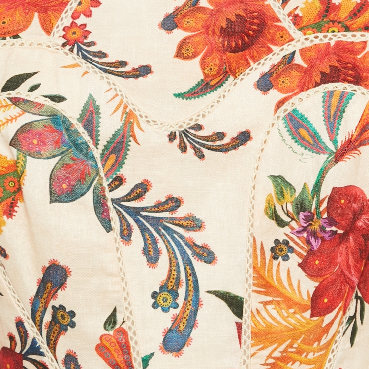 Pre Owned Zimmermann Orange Floral Print Linen Flared Mini Dress M