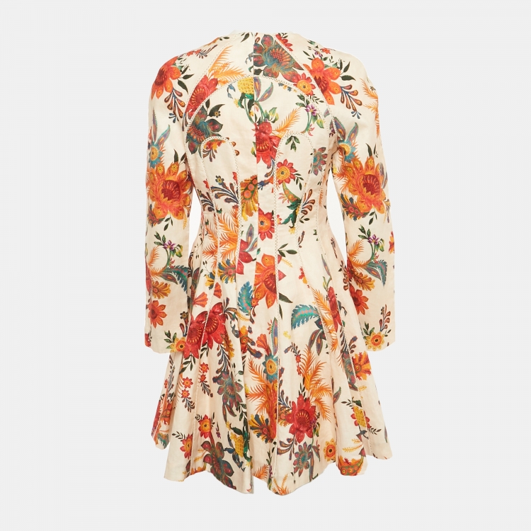 Pre Owned Zimmermann Orange Floral Print Linen Flared Mini Dress M