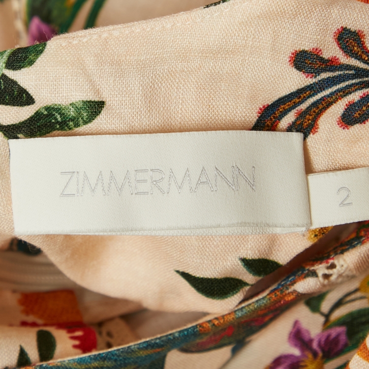 Pre Owned Zimmermann Orange Floral Print Linen Flared Mini Dress M
